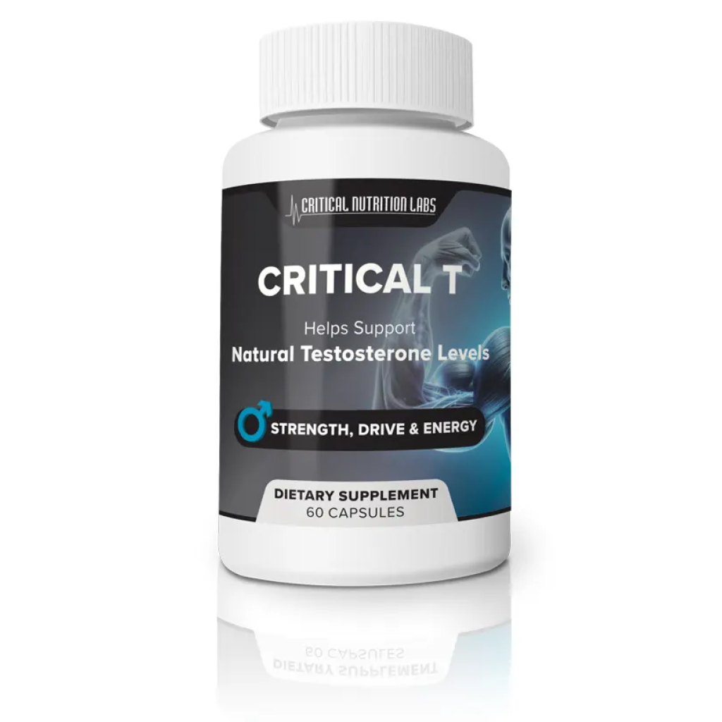 Critical T is a natural testosterone boosting supplement designed to increase energy, lean muscle mass, and male vitality while reducing toxic estrogen levels, using powerful ingredients like Tongkat Ali (Eurycoma longfolia), DIM, and acacetin.