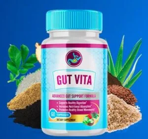 Gut Vita supplement for digestive health, featuring a unique blend of symbiotics, including glucomannan, apple pectin, flaxseed powder, and probiotics.