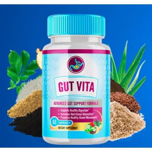 Gut Vita supplement for digestive health, featuring a unique blend of symbiotics, including glucomannan, apple pectin, flaxseed powder, and probiotics.