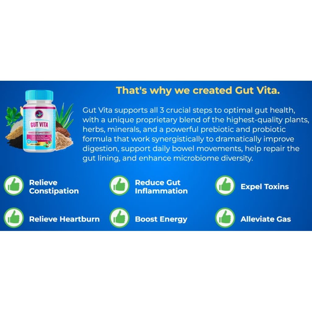 Gut Vita supplement for digestive health, featuring a unique blend of symbiotics, including glucomannan, apple pectin, flaxseed powder, and probiotics.