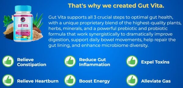 Gut Vita supplement for digestive health, featuring a unique blend of symbiotics, including glucomannan, apple pectin, flaxseed powder, and probiotics.