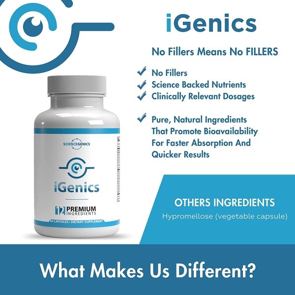 iGenics vision supplement with Ginkgo Biloba, AREDs-2, blueberry, saffron, turmeric, and Bioperine for healthier eyes.