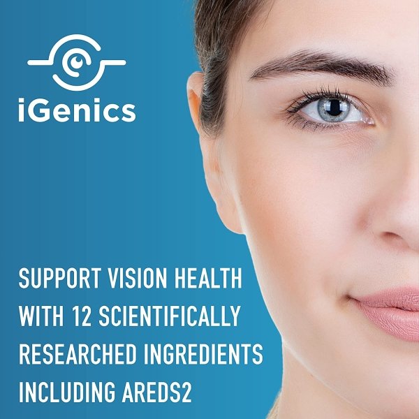 iGenics vision supplement with Ginkgo Biloba, AREDs-2, blueberry, saffron, turmeric, and Bioperine for healthier eyes.