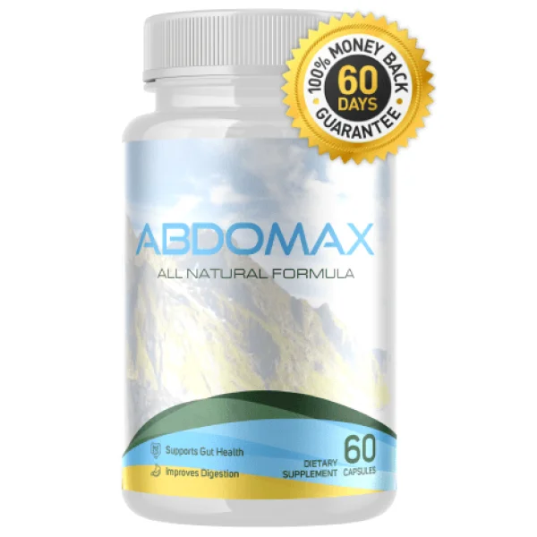 Abdomax supplement bottle for improving gut health and digestion naturally.