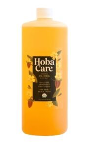 Bottle of HobaCare 100% pure organic jojoba oil for face, body, hair, and nails – natural moisturizer and skin treatment