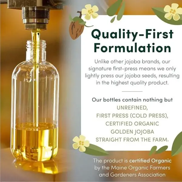 Bottle of HobaCare 100% pure organic jojoba oil for face, body, hair, and nails – natural moisturizer and skin treatment