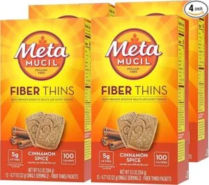 Metamucil Fiber Thins Cinnamon Spice flavor, daily fiber snack with psyllium husk, supports digestive health and curbs hunger