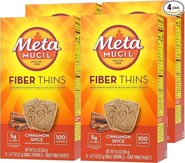Metamucil Fiber Thins Cinnamon Spice flavor, daily fiber snack with psyllium husk, supports digestive health and curbs hunger