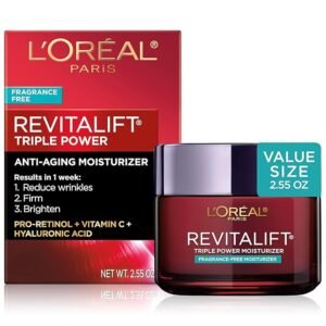 Fragrance-free L’Oréal Paris Revitalift Triple Power anti-aging face moisturizer with Retinol, Hyaluronic Acid, and Vitamin C – 2.55 oz jar