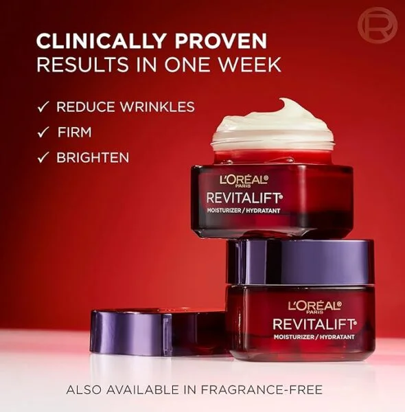 Fragrance-free L’Oréal Paris Revitalift Triple Power anti-aging face moisturizer with Retinol, Hyaluronic Acid, and Vitamin C – 2.55 oz jar