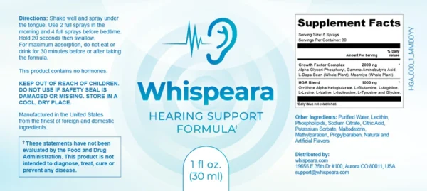 Whispeara supplement bottle for brain and hearing support, tinnitus relief, and cognitive health