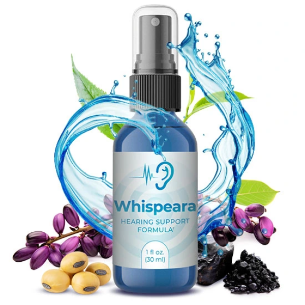 Whispeara supplement bottle for brain and hearing support, tinnitus relief, and cognitive health